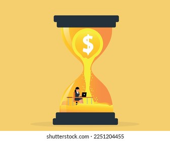 Time management control, Business deadline concept. Business woman work hard at computer in sandglass.