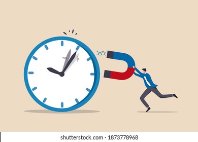 Gestión del tiempo, control del tiempo de negocios o del concepto de plazo de trabajo, empresario inteligente que utiliza imán para detener la metáfora del reloj de la manipulación del tiempo.