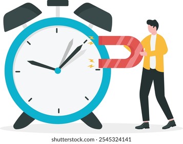 Gestión de tiempo, control de tiempo de negocio o concepto de fecha límite de trabajo, hombre de negocios inteligente que utiliza el imán para detener la metáfora de la mano del reloj de la manipulación del tiempo.

