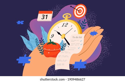 Time management and control vector illustration. Hand holds watch, pomodoro tracker, to-do list. The concept of productivity and efficiency.
