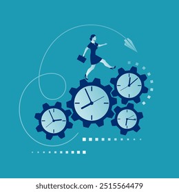 Gerenciamento de tempo, controle. Design plano de ilustração vetorial. Isolado no plano de fundo. Empresária corre ao longo da engrenagem em forma de relógio. Organização do processo. Jovem mulher bem sucedida.