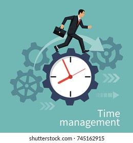 Time management, control. Vector illustration flat design. Isolated on background. Businessman run along gear in form of clock. Organization of process.