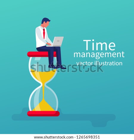Time management control. Vector illustration flat design. Isolated on background. Businessman with laptop sitting working sitting on a big hourglass. Organization of process.  Foto stock © 