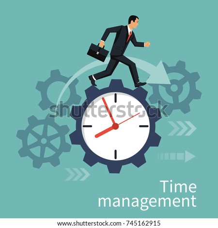 Time management, control. Vector illustration flat design. Isolated on background. Businessman run along gear in form of clock. Organization of process.