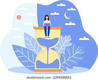 Time management, control of working hours. Hard work, studying day and night. Round the clock job, evening shift. Female character is working on laptop, in hurry to meet deadline. Vector image