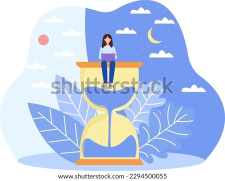 Time management, control of working hours. Hard work, studying day and night. Round the clock job, evening shift. Female character is working on laptop, in hurry to meet deadline. Vector image