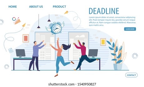 Time Management Courses, Business Planning Startup Flat Vector Web Banner, Landing Page. Company Employees Running in Office in Panic Because of Project Deadline Failure, Work Time Lack Illustration