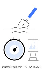Zeitmanagement, Kreativität, Produktivität, Kunstplanung, Aufgabenpriorisierung, Effizienz. Schaufel in Erde, Stoppuhr und eine Staffelei mit einem Kunstwerk. Zeitmanagement und Kreativität
