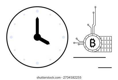 Gestión de tiempo, criptomonedas, blockchain, moneda digital, fintech, inversión. Símbolo de reloj e icono de Bitcoin conectados por líneas. Conceptos de gestión del tiempo y criptomonedas