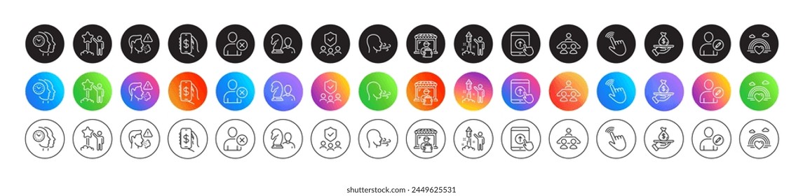 Time management, Cursor and Lgbt line icons. Round icon gradient buttons. Pack of Breathing exercise, Delete user, Fireworks icon. Delivery market, Star, Swipe up pictogram. Vector