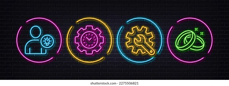 Zeitmanagement, Anpassung und Benutzeridee minimale Zeilensymbole. Neon Laser 3D-Lichter. Hochzeit klingt Symbol. Für Web, Anwendung, Druck. Einstellungen, Glühbirne, Liebe. Leuchtknöpfe. Vektorgrafik