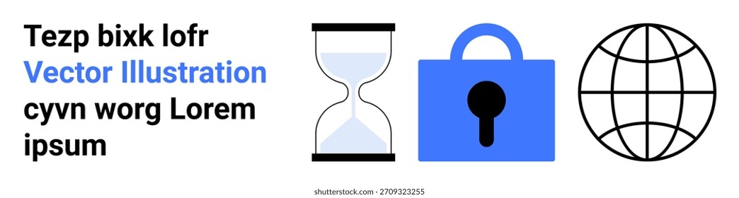 Gerenciamento de tempo, segurança cibernética, comunicação global, proteção de dados, acesso seguro, conceitos de privacidade. Ampulheta, segurança em tempo de bloqueio e comunicação global. Cibersegurança e global