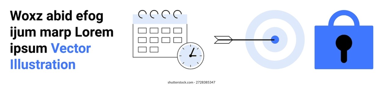 Gestión del tiempo, ciberseguridad, consecución de objetivos, productividad, programación y protección. Calendario, reloj objetivo con una flecha y bloqueo. Concepto de gestión del tiempo y ciberseguridad