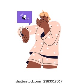 Time management, daily routine, productivity. Young woman early wake up by alarm, yawning. Girl looking on smart watch, get notification. Healthy habit. Flat isolated vector illustration on white