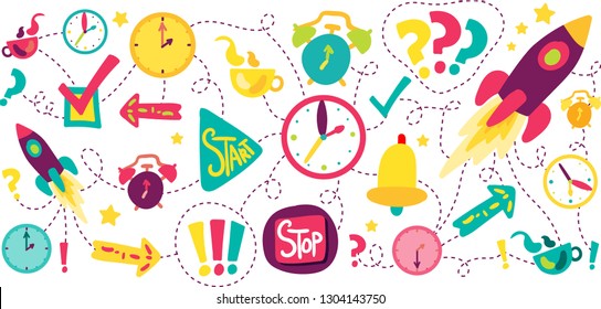 Time management dash line illustrations set. Clock, rocket, alarm, cup stitched frame drawings