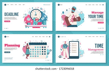 Ordenador del tiempo y banners de fecha límite, ilustración vectorial de caricatura plana.