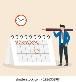 Time management, deadline. Brand event. Man is planning his work. Drawing day mark on planner meeting. Vector illustration