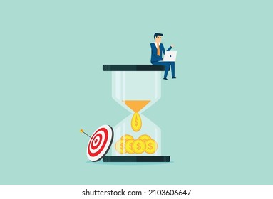 Time management and deadline, businessman working with laptop on big hourglass, work goals time to money, Vector illustration design concept in flat style