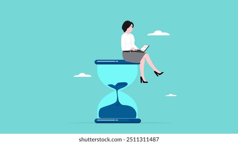 time management or deadline management, businesswoman sitting on big hourglass while working with laptop, efficiency multitasking vector time management, work deadline