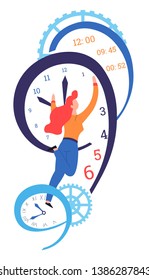 Time management and deadline clock dial and hands gil changing hour vector isolated female character productivity and advanced planning hurry and business work and job minutes and seconds cogwheels