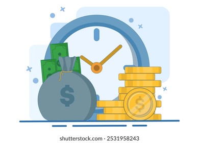 Time management and deadline concept, Business investment, Income, Financial savings, time is the most important thing for financial success, flat vector illustration.