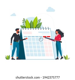 Time management and deadline concept. Businessmans planning events, deadlines, and agenda. Calendar, schedule, organization process flat vector illustration. Time management concept for banner