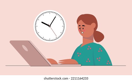 Time management, deadline concept. Character with computer and clock. Vector illustration in a flat style