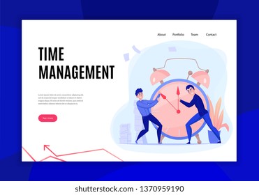 Time management deadline concept flat website banner with colleagues struggling with alarm clock hands symbol vector illustration