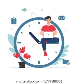 Time management and deadline concept with man sitting on clock illustration