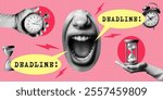 time management deadline concept template design with hand holds hourglass stopwatch mouth screaming alarm clock retro halftone grunge dotted vintage collage elements cutout magazine newspaper object