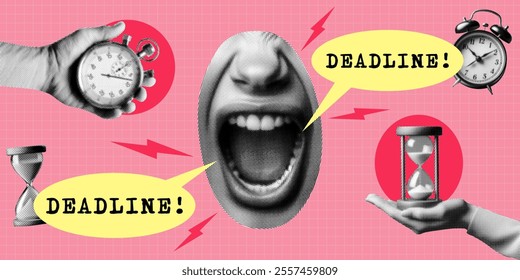 time management deadline concept template design with hand holds hourglass stopwatch mouth screaming alarm clock retro halftone grunge dotted vintage collage elements cutout magazine newspaper object