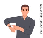 Time management, Deadline concept. Work delay or project deadline. Big boss he is angry because of being late. He is showing time on his watch. Flat vector illustration isolated on white background