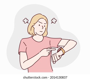 Time management, Deadline concept. Work delay or project deadline. woman is angry because of being late. She is showing time on his watch. Hand drawn in thin line style, vector illustrations.