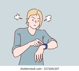 Time management, Deadline concept. Work delay or project deadline. woman is angry because of being late. She is showing time on his watch. Hand drawn in thin line style, vector illustrations.