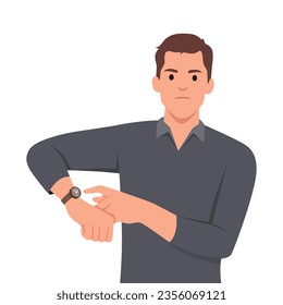 Time management, Deadline concept. Work delay or project deadline. Big boss he is angry because of being late. He is showing time on his watch. Flat vector illustration isolated on white background