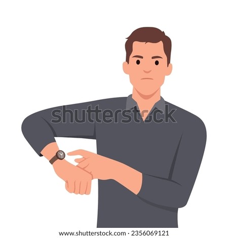 Time management, Deadline concept. Work delay or project deadline. Big boss he is angry because of being late. He is showing time on his watch. Flat vector illustration isolated on white background