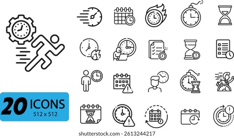 Time Management and Deadline Icon Set: 20 Outline Vector Illustrations Representing Urgency and Schedules