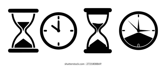 Gestión del tiempo y conjunto de iconos de fecha límite con reloj de arena y símbolos de reloj para conceptos de productividad
