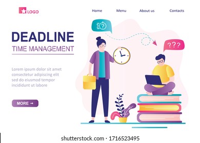 Time management and deadline landing page template. Female boss requires completion deadlines on time. Male worker with modern laptop works. Employee trying to do job on time. Flat Vector illustration