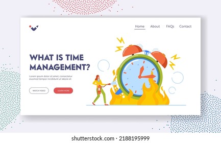 Time Management, Deadline Landing Page Template. Tiny Female Character Trying Extinguish Huge Burning Alarm Clock. Office Woman Overtime, Manager Fire Fighting Watches. Cartoon Vector Illustration