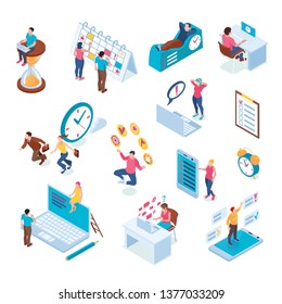 Time management deadline meeting strategy planning schedule cooperation multitasking productivity isometric symbols icons set isolated vector illustration