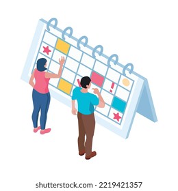 Planificación del plazo de administración del tiempo concepto isométrico con dos caracteres humanos e ilustración del vector 3d del calendario