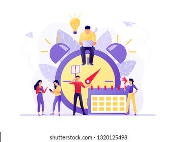 Time management, Deadline with small people around the large watch and calendar. Concept of term and time, planning. Vector flat illustration. Flat concept vector illustration for web, landing page