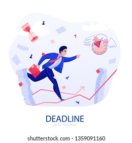 Time management deadline stress flat composition with businessman rushing along rising arrow amidst flying papers vector illustration