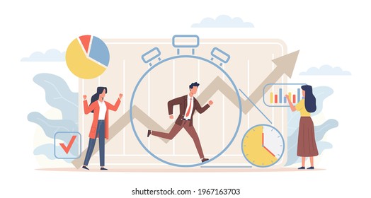 Plazo de gestión del tiempo. Organización de flujos de trabajo, estrategia productiva de eficiencia, personas que completan rápidamente proyectos empresariales. Organización del proceso, plan de trabajo y concepto de vector de planificación