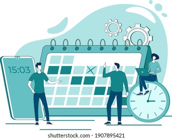 Administración del tiempo y plazo.Uso eficiente del tiempo. Los hombres de negocios revisan sus relojes.El cálculo de la productividad laboral.Organización del flujo de trabajo.Ilustración vectorial plana.