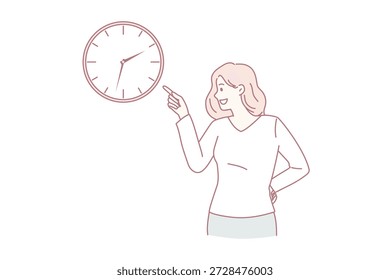 Gestión del tiempo y concepto de plazos. Mujer sonriente joven de pie y apuntando a tiempo en el reloj de pared sintiendo Ilustración vectorial positiva