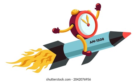 Time management and deadlines, isolated clock character with hands and legs sitting on flying rocket with fire and flame. Motion and hurrying up, alarm with ringing bell. Vector in flat style