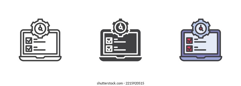 Time management different style icon set. Line, glyph and filled outline colorful version, laptop with gear clcok outline and filled vector sign. Symbol, logo illustration. Vector graphics