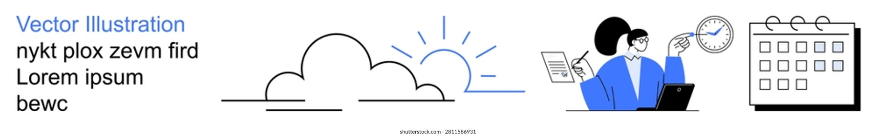 Time management, digital productivity, cloud storage, project planning, teamwork, remote work. A cloud, person with devices and a calendar. Time management and digital productivity theme